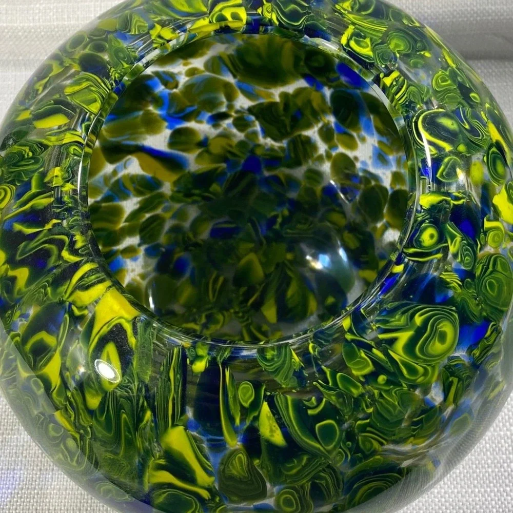Hand Blown Art Glass Vase Round Confetti Swirl Green Yellow Blue 7 Inch